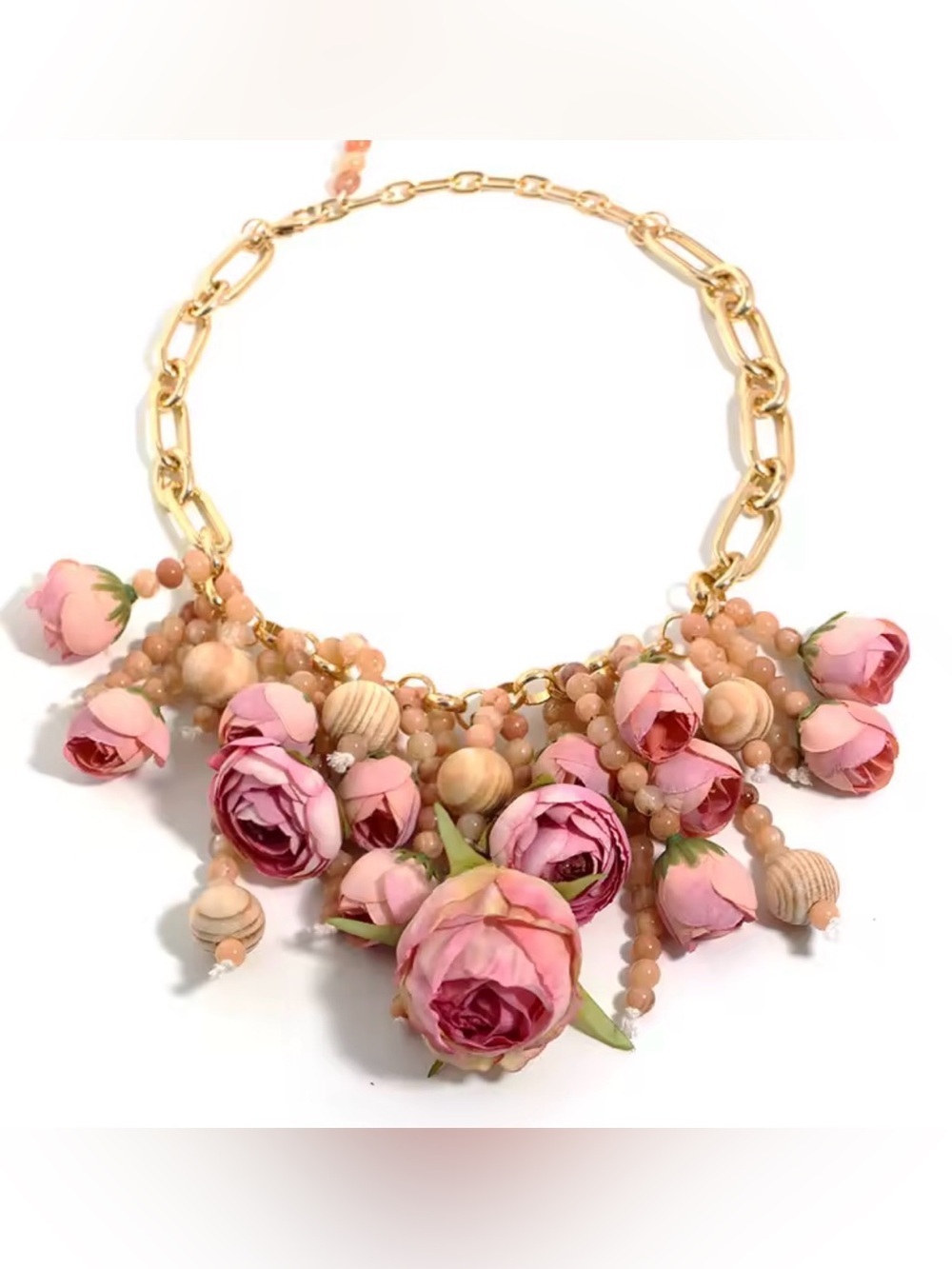 Blush Rose Statement Necklace – Floral Gold Chain Necklace